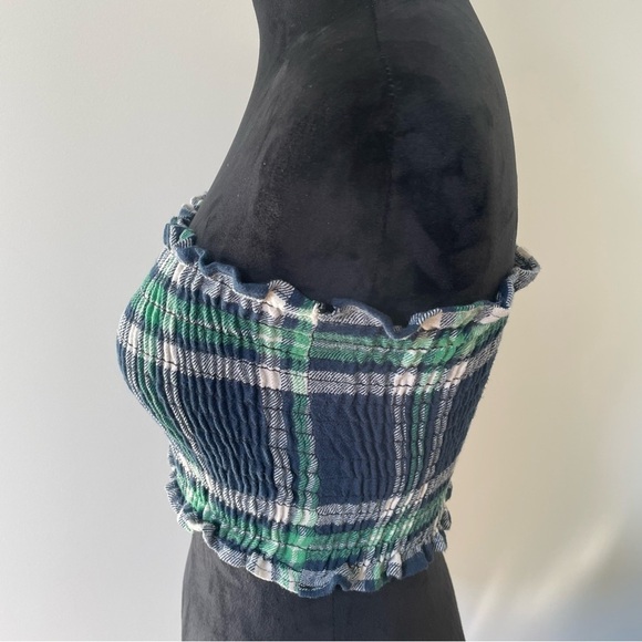 LF Furst of a Kind Blue Green Plaid Smocked Ruffle Trim Tube Top EUC One Size - Picture 2 of 6